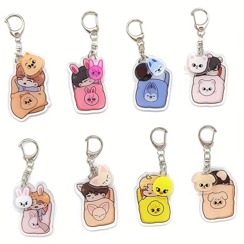Fanmade, KPOP Idol Inspired! 8Pcs/Set Skzoo Stray Kids Acrylic Keychains Accessories Cute Bag Pendant for Fans Gifts