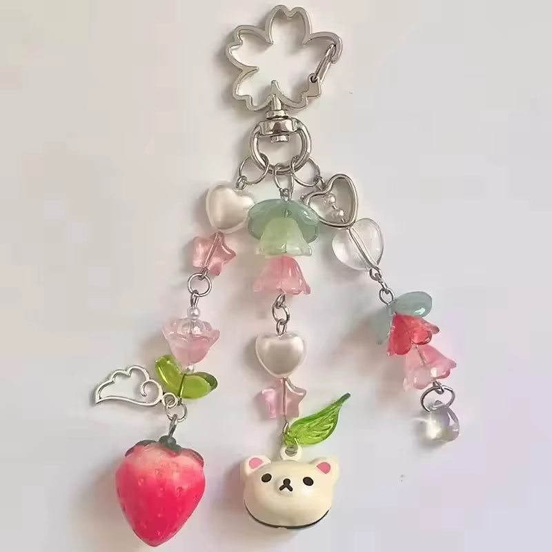 Cute Bear Strawberry Beaded Phone Chain Y2K Coquettish Fairytale Lily of the Valley Keychain Handbag Keypendant Accessories Gift