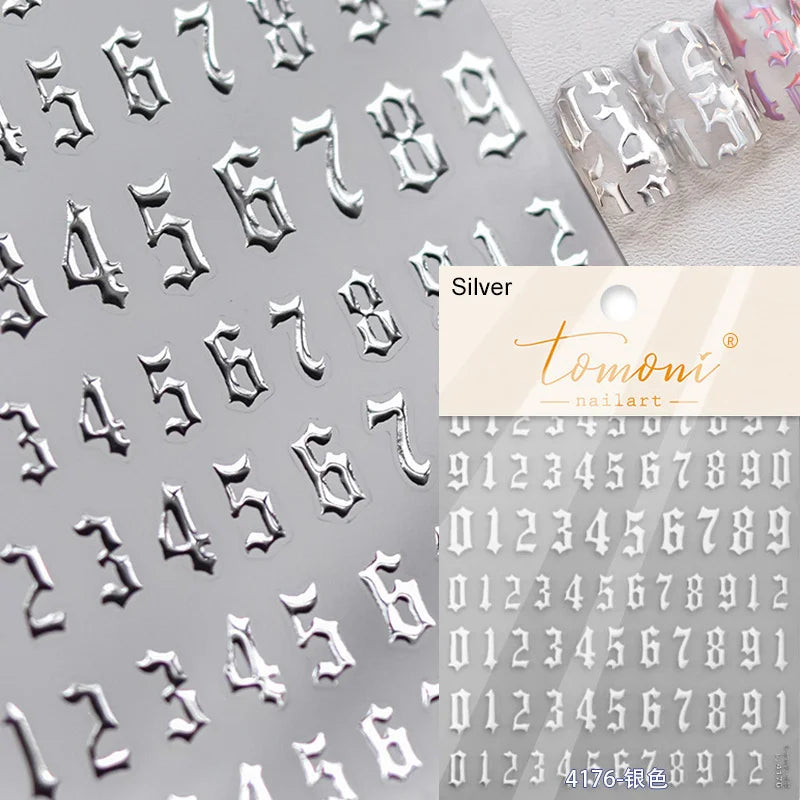 1 Piece 5D Punk Goth Rock Hot Stamping Nail Stickers High Quality Rose Gold Silver Number Letters Love Design Nail Art Stickers