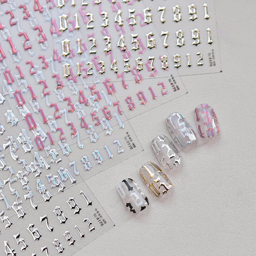 1 Piece 5D Punk Goth Rock Hot Stamping Nail Stickers High Quality Rose Gold Silver Number Letters Love Design Nail Art Stickers