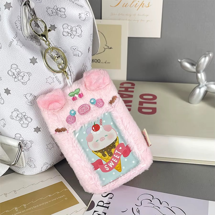 Cartoon Animal Plush Card Sleeve Transparent Love Bean Small Card Display Pendant Student Card Bag Key Chain