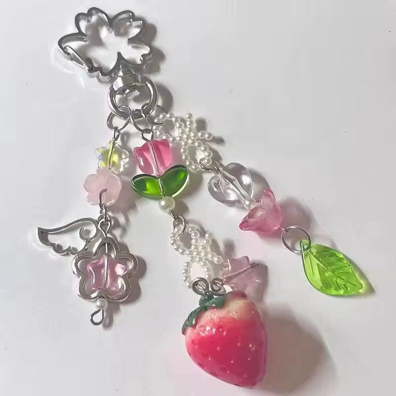 Cute Bear Strawberry Beaded Phone Chain Y2K Coquettish Fairytale Lily of the Valley Keychain Handbag Keypendant Accessories Gift