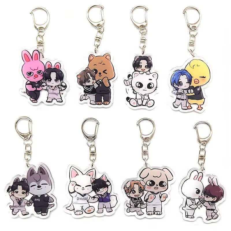 Fanmade, KPOP Idol Inspired! 8Pcs/Set Skzoo Stray Kids Acrylic Keychains Accessories Cute Bag Pendant for Fans Gifts