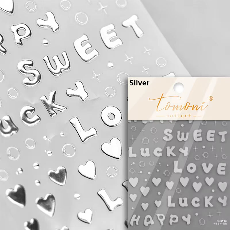 1 Piece 5D Punk Goth Rock Hot Stamping Nail Stickers High Quality Rose Gold Silver Number Letters Love Design Nail Art Stickers