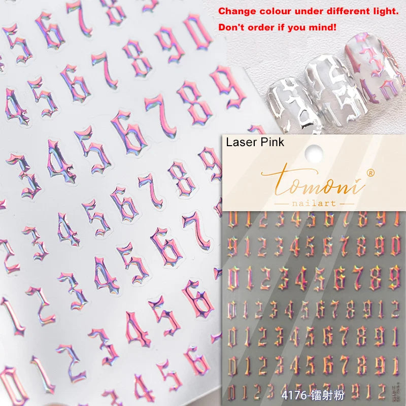 1 Piece 5D Punk Goth Rock Hot Stamping Nail Stickers High Quality Rose Gold Silver Number Letters Love Design Nail Art Stickers