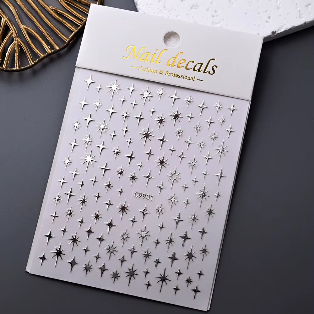 1Pcs 5D Laser Silver Inlaid Diamond Star Nail Art Sticker Four-Pointed Stars Adhesive Relief Slider Y2K Starlight Manicure Decal