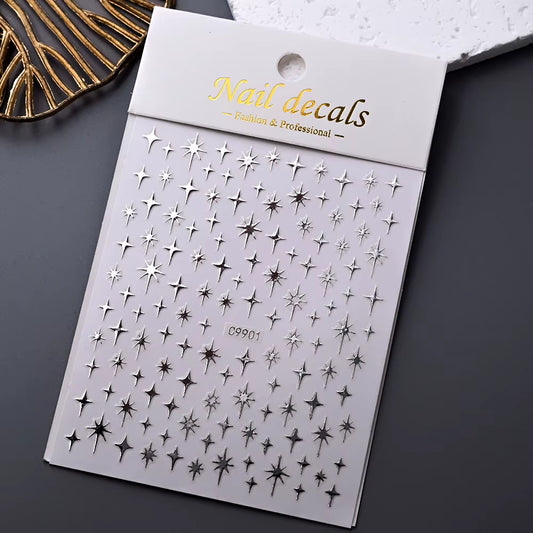 1Pcs 5D Laser Silver Inlaid Diamond Star Nail Art Sticker Four-Pointed Stars Adhesive Relief Slider Y2K Starlight Manicure Decal