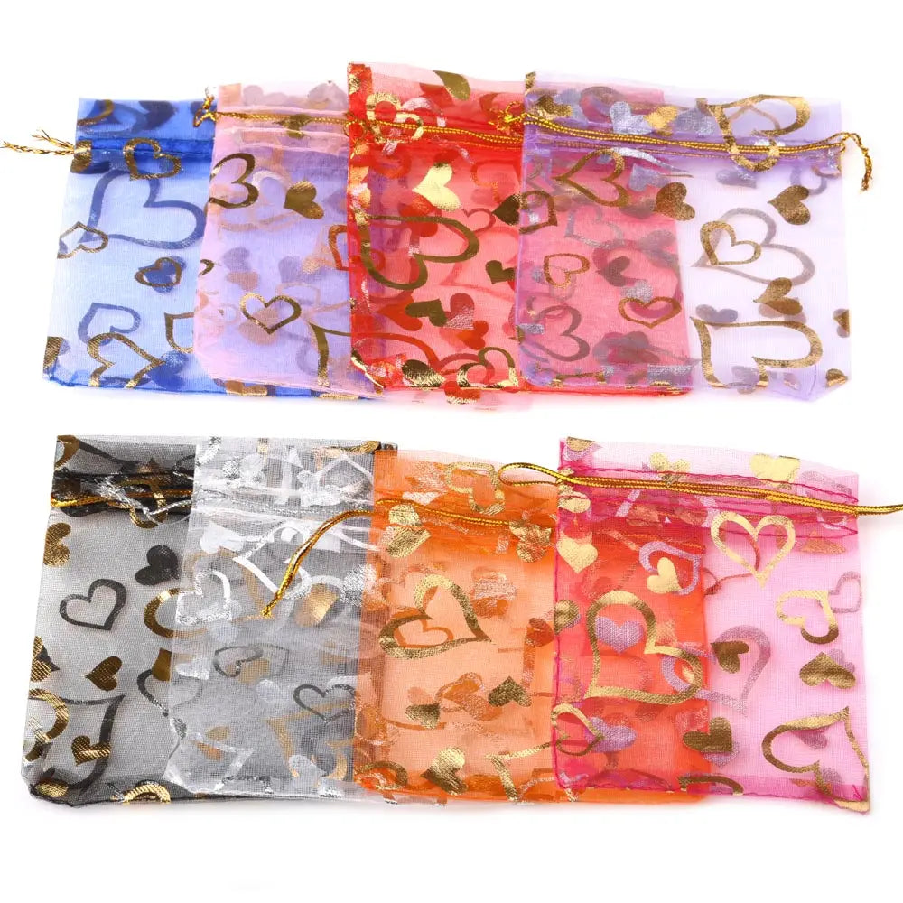 25Pcs/Lot Jewelry Bag Organza Colorful Hot Gold Color Heart Print Gifts Pouches Wedding Christmas Party Candy Jewelry Packing