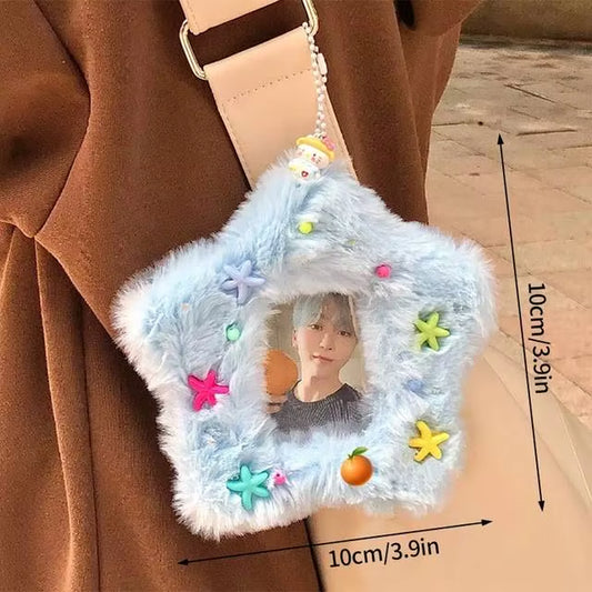 Cute Plush Kpop Photocard Holder with Keychain Cartoon Rabbit Idol Photo Sleeves ID Bank Credit Card Case Protector Bag Pendant