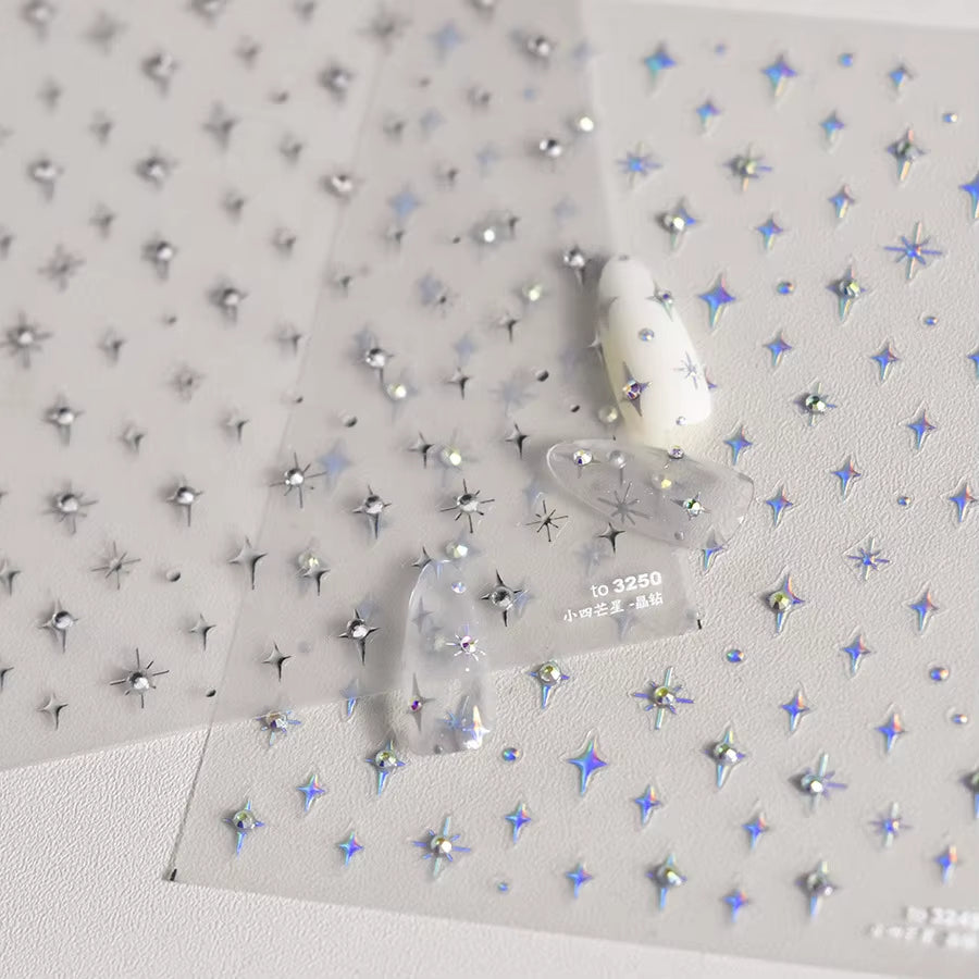 1Pcs 5D Laser Silver Inlaid Diamond Star Nail Art Sticker Four-Pointed Stars Adhesive Relief Slider Y2K Starlight Manicure Decal