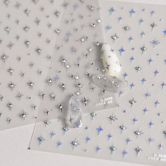 1Pcs 5D Laser Silver Inlaid Diamond Star Nail Art Sticker Four-Pointed Stars Adhesive Relief Slider Y2K Starlight Manicure Decal