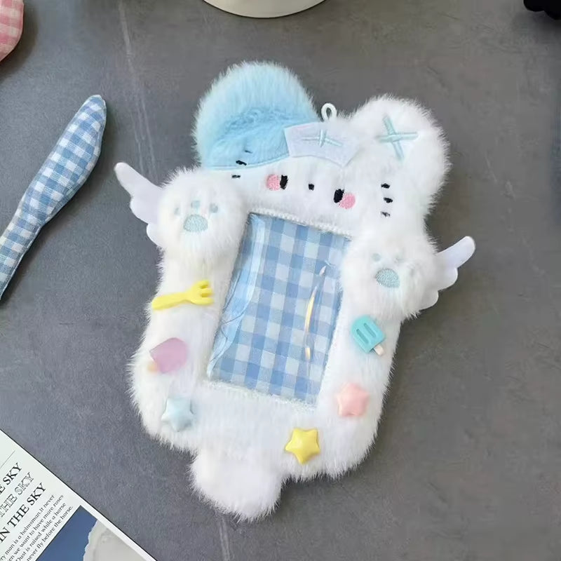 Cute Plush Kpop Photocard Holder with Keychain Cartoon Rabbit Idol Photo Sleeves ID Bank Credit Card Case Protector Bag Pendant