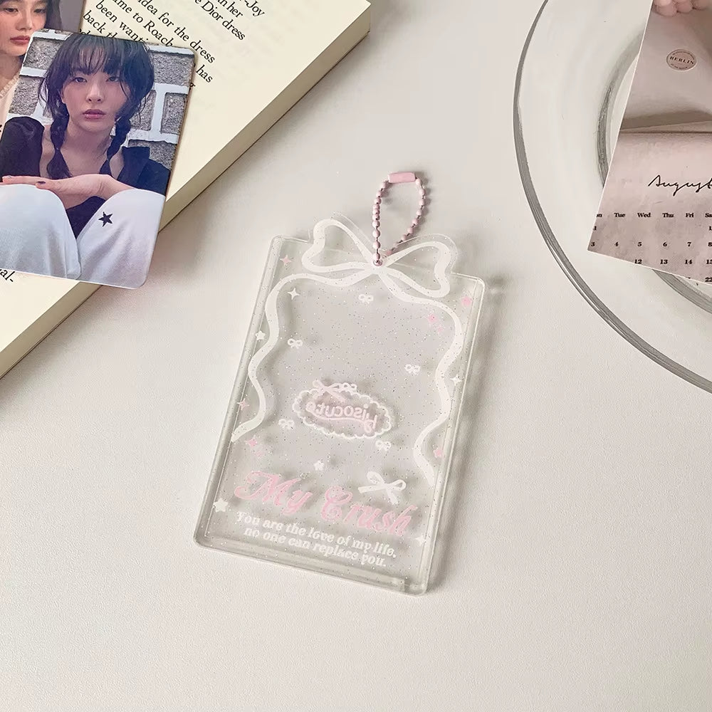 Cute Kpop Photocard Protector! Bow Clear Card Holder 3 Inch ID Photo Sleeve Keychain