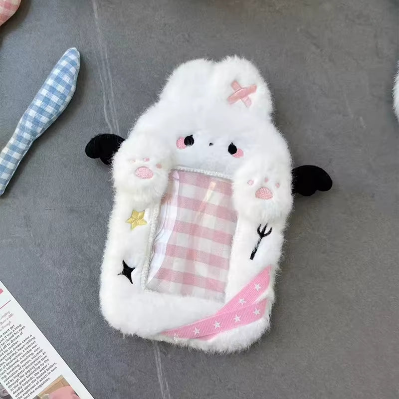 Cute Plush Kpop Photocard Holder with Keychain Cartoon Rabbit Idol Photo Sleeves ID Bank Credit Card Case Protector Bag Pendant