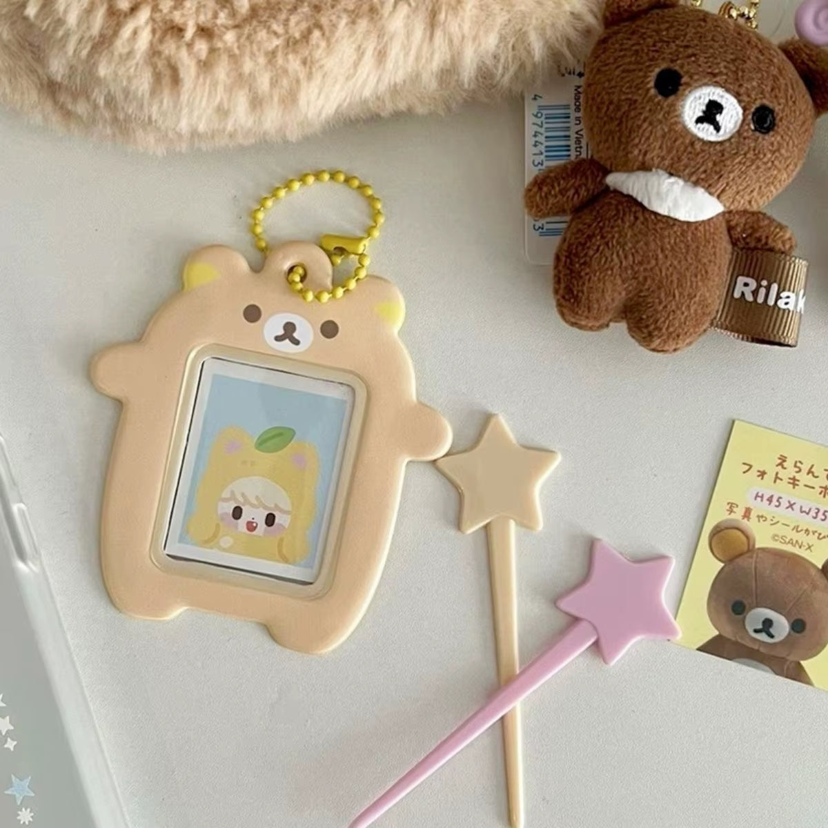 Japanese Kawaii Cartoon Bear Photo Card Holder Keyring - Cute Bear Keychain for 2-Inch Photos and School License Cases