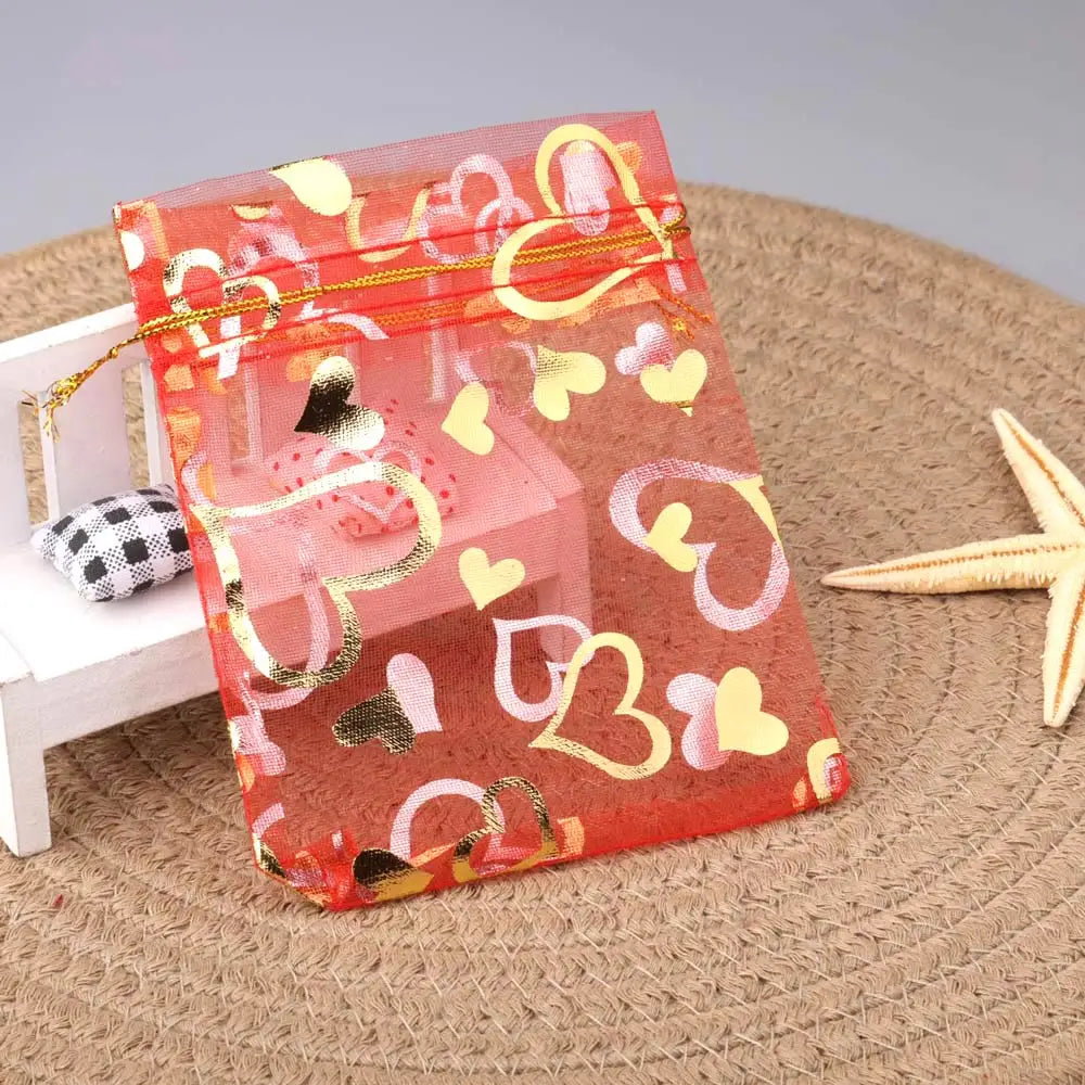 25Pcs/Lot Jewelry Bag Organza Colorful Hot Gold Color Heart Print Gifts Pouches Wedding Christmas Party Candy Jewelry Packing