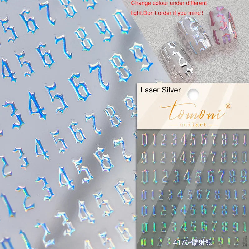 1 Piece 5D Punk Goth Rock Hot Stamping Nail Stickers High Quality Rose Gold Silver Number Letters Love Design Nail Art Stickers