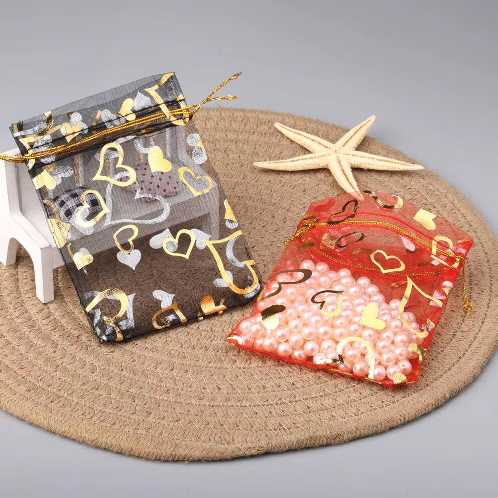 25Pcs/Lot Jewelry Bag Organza Colorful Hot Gold Color Heart Print Gifts Pouches Wedding Christmas Party Candy Jewelry Packing