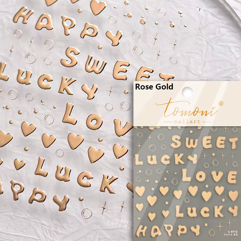 1 Piece 5D Punk Goth Rock Hot Stamping Nail Stickers High Quality Rose Gold Silver Number Letters Love Design Nail Art Stickers