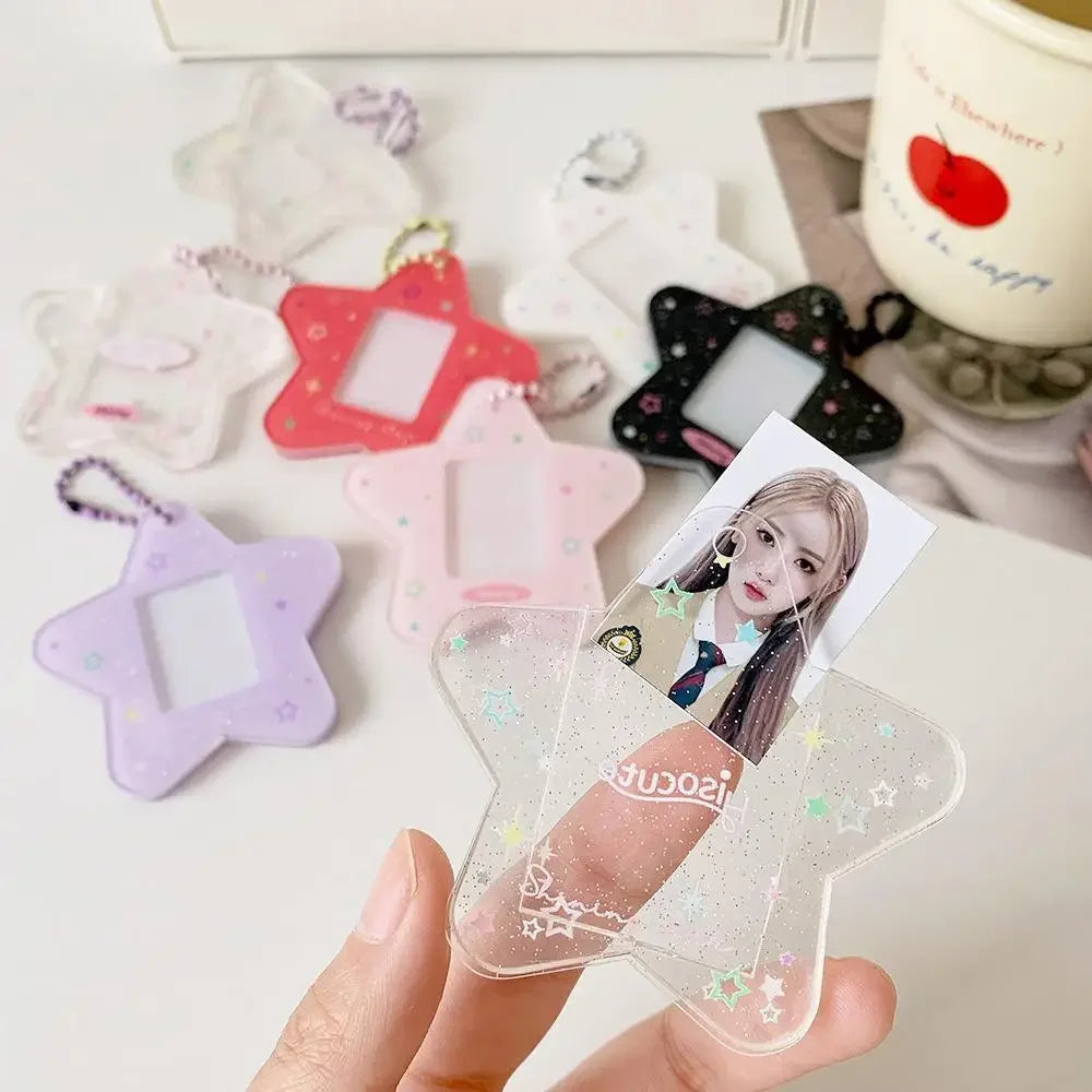 Portable Glitter Star Acrylic Photocard Holder Keychain 1-Inch ID Card Case Student Kpop Idol Photo Bag Durable Card Storage