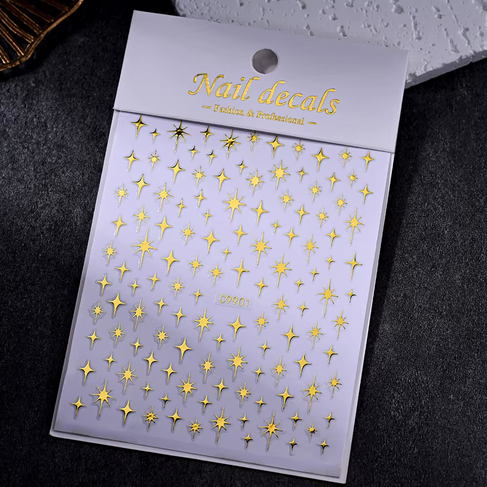 1Pcs 5D Laser Silver Inlaid Diamond Star Nail Art Sticker Four-Pointed Stars Adhesive Relief Slider Y2K Starlight Manicure Decal