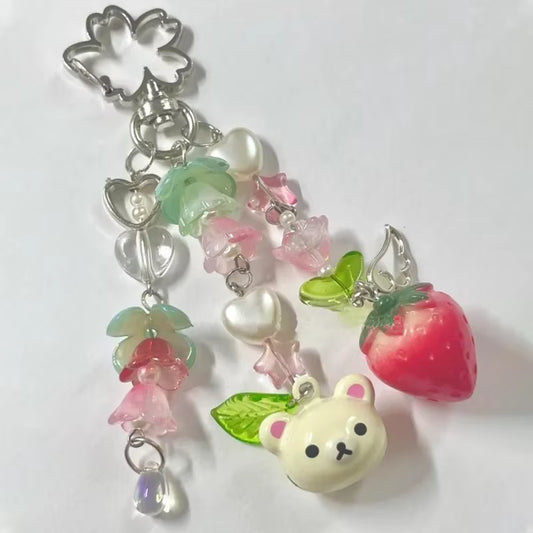 Cute Bear Strawberry Beaded Phone Chain Y2K Coquettish Fairytale Lily of the Valley Keychain Handbag Keypendant Accessories Gift