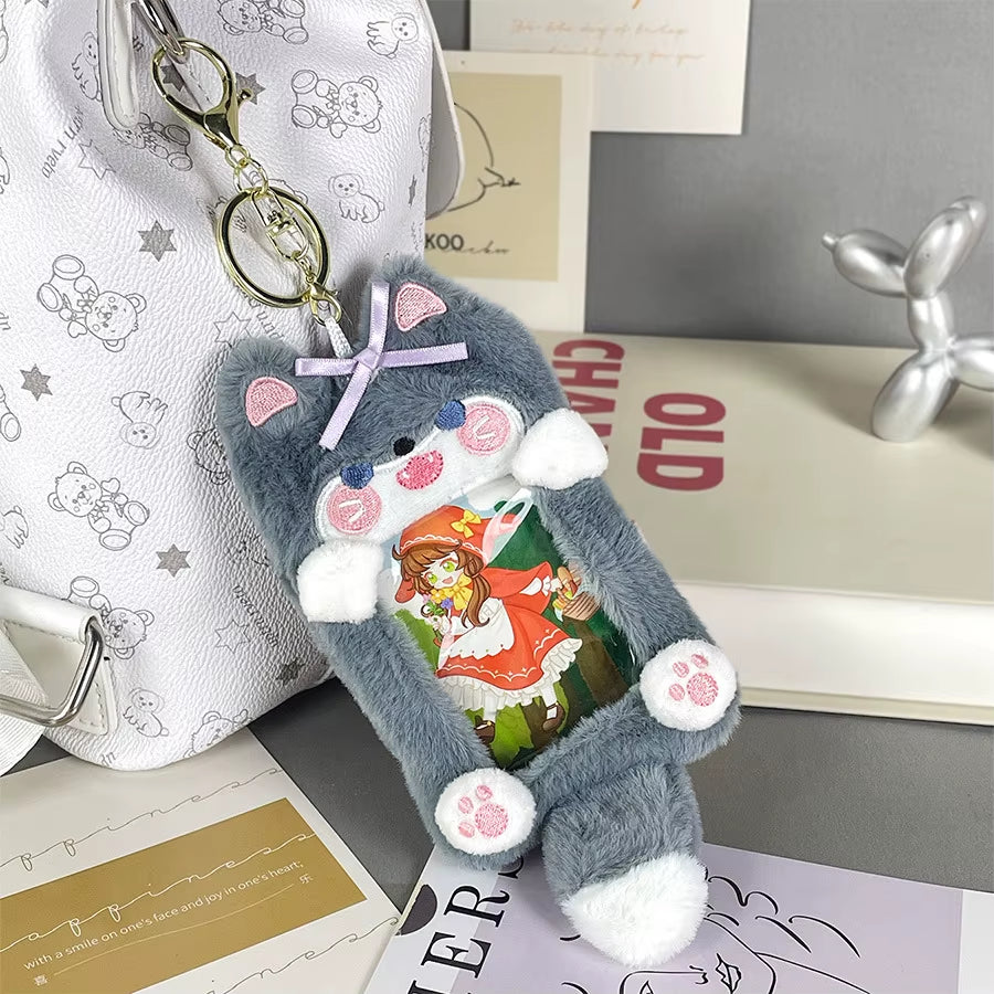 Cartoon Animal Plush Card Sleeve Transparent Love Bean Small Card Display Pendant Student Card Bag Key Chain