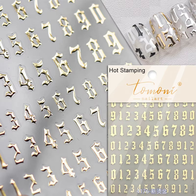 1 Piece 5D Punk Goth Rock Hot Stamping Nail Stickers High Quality Rose Gold Silver Number Letters Love Design Nail Art Stickers