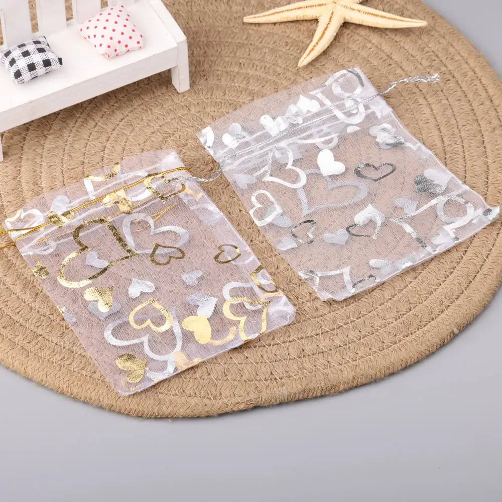 25Pcs/Lot Jewelry Bag Organza Colorful Hot Gold Color Heart Print Gifts Pouches Wedding Christmas Party Candy Jewelry Packing