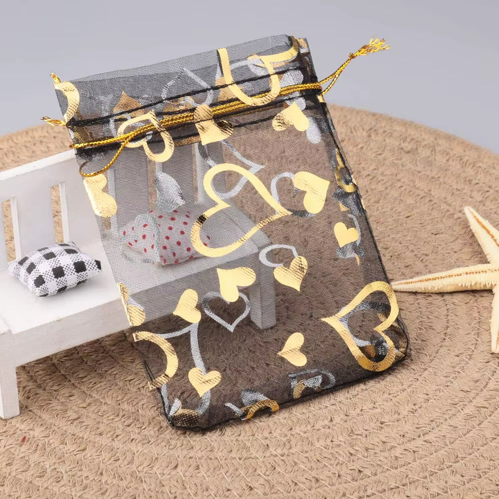 25Pcs/Lot Jewelry Bag Organza Colorful Hot Gold Color Heart Print Gifts Pouches Wedding Christmas Party Candy Jewelry Packing