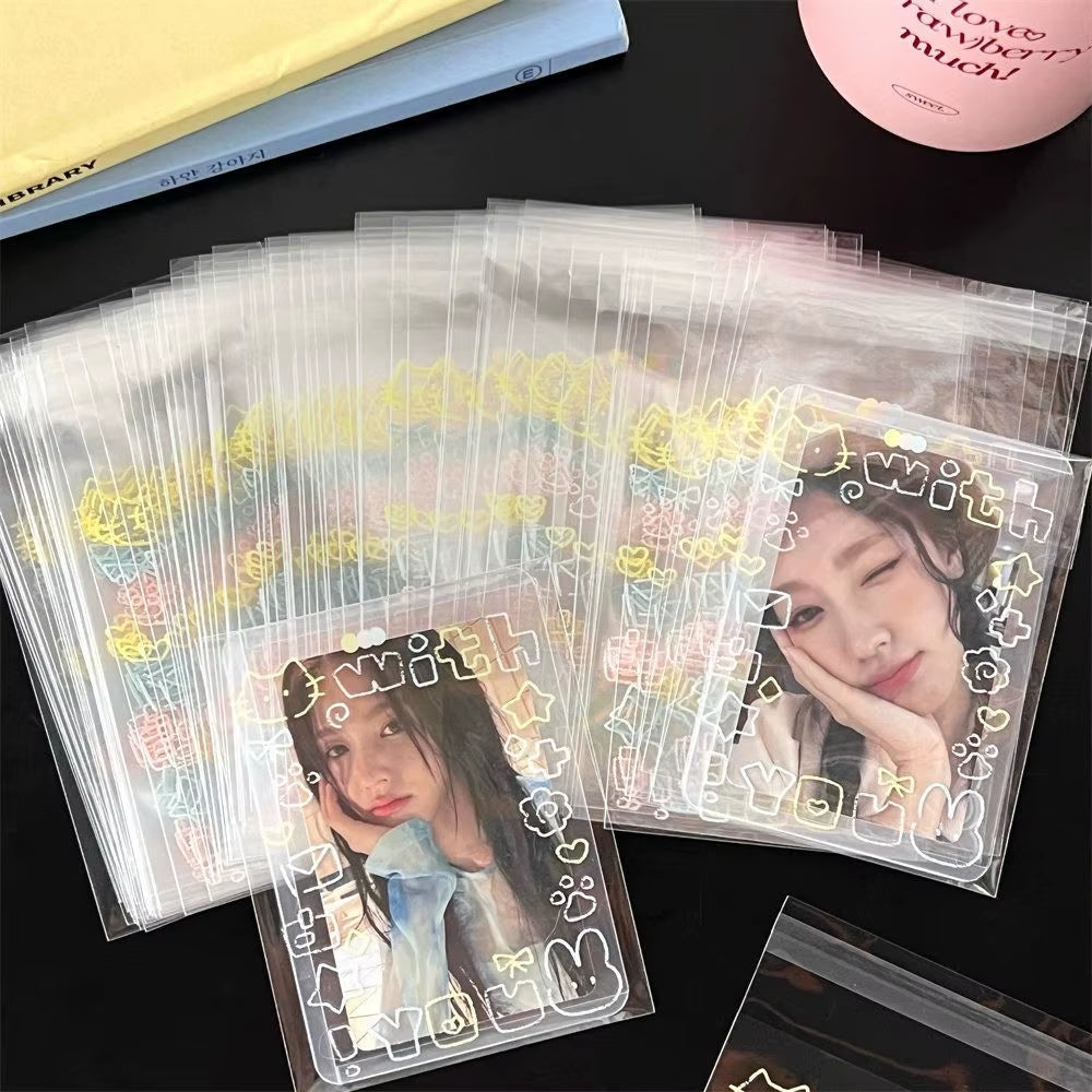 50Pcs Transparent Cute Pattern Self-Adhesive Opp Bag for Kpop Idol Photo Cards Protective Storage Bag Photocard Card Sleeves