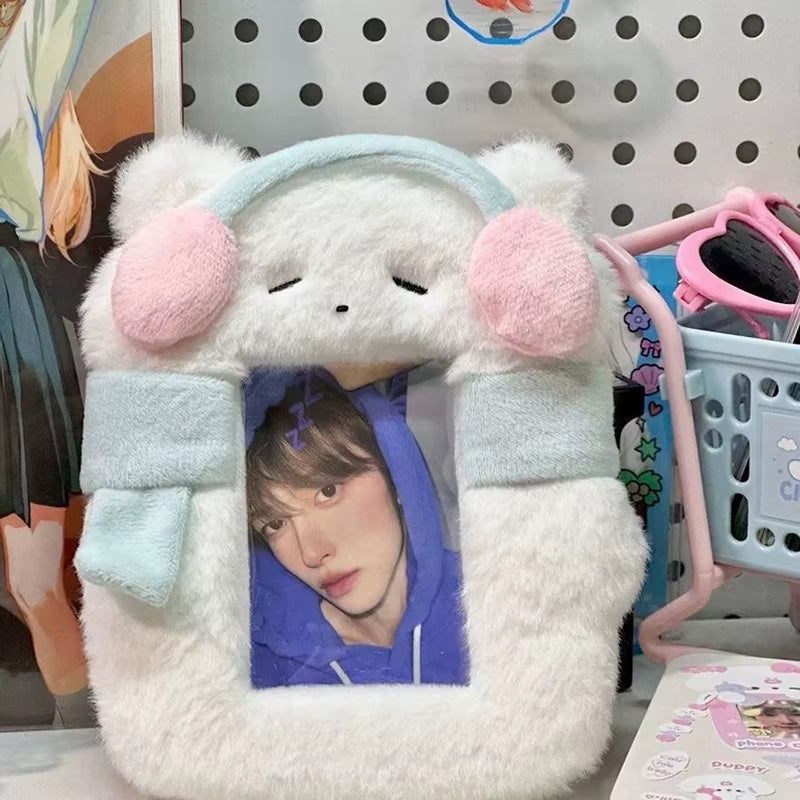 Cute Plush Kpop Photocard Holder with Keychain Cartoon Rabbit Idol Photo Sleeves ID Bank Credit Card Case Protector Bag Pendant