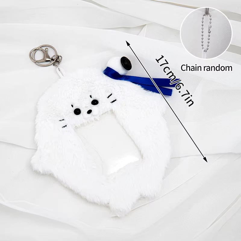 Cute Plush Kpop Photocard Holder with Keychain Cartoon Rabbit Idol Photo Sleeves ID Bank Credit Card Case Protector Bag Pendant