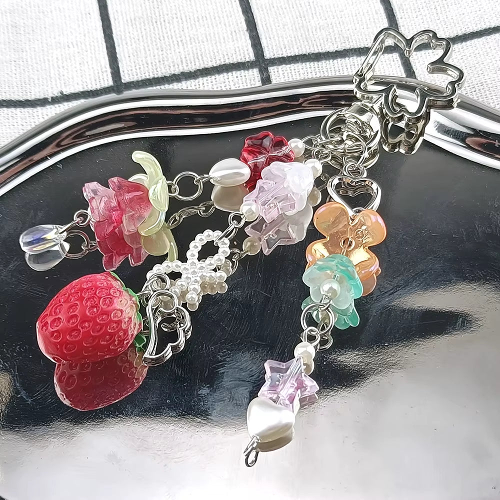 Cute Bear Strawberry Beaded Phone Chain Y2K Coquettish Fairytale Lily of the Valley Keychain Handbag Keypendant Accessories Gift