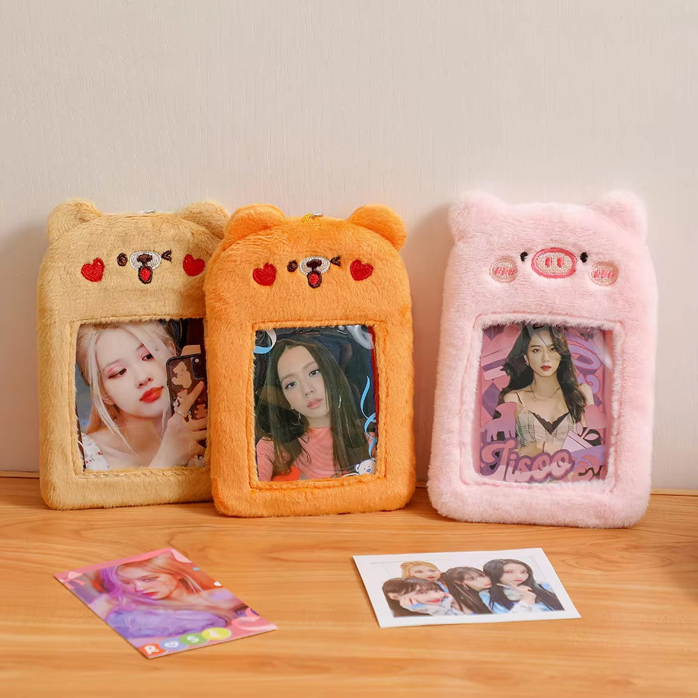 3 Inch Plush Kpop Holder Cute Bear Idol Postcards Storage Card Bag Collect Organizer Schoolbag Pendant
