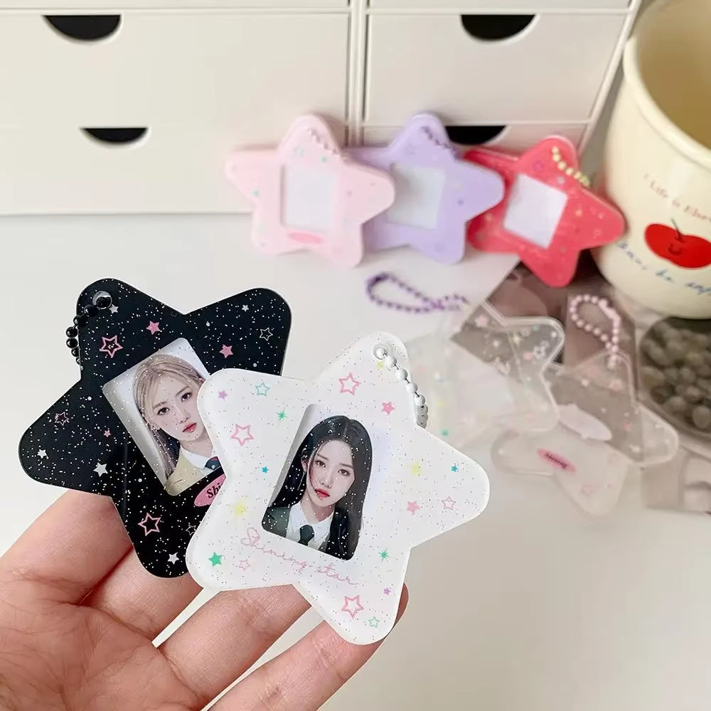 Portable Glitter Star Acrylic Photocard Holder Keychain 1-Inch ID Card Case Student Kpop Idol Photo Bag Durable Card Storage