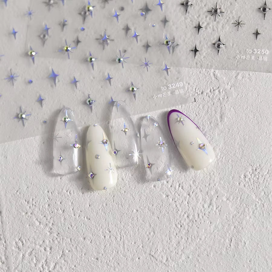 1Pcs 5D Laser Silver Inlaid Diamond Star Nail Art Sticker Four-Pointed Stars Adhesive Relief Slider Y2K Starlight Manicure Decal