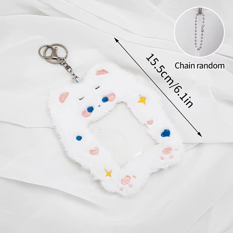 Cute Plush Kpop Photocard Holder with Keychain Cartoon Rabbit Idol Photo Sleeves ID Bank Credit Card Case Protector Bag Pendant