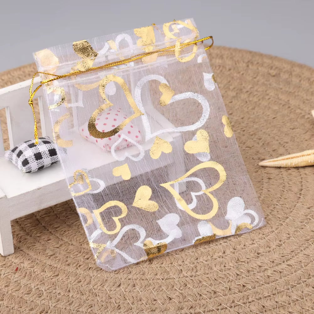 25Pcs/Lot Jewelry Bag Organza Colorful Hot Gold Color Heart Print Gifts Pouches Wedding Christmas Party Candy Jewelry Packing
