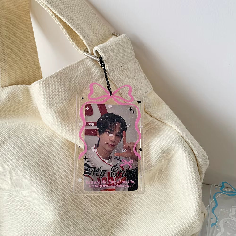 Cute Kpop Photocard Protector! Bow Clear Card Holder 3 Inch ID Photo Sleeve Keychain