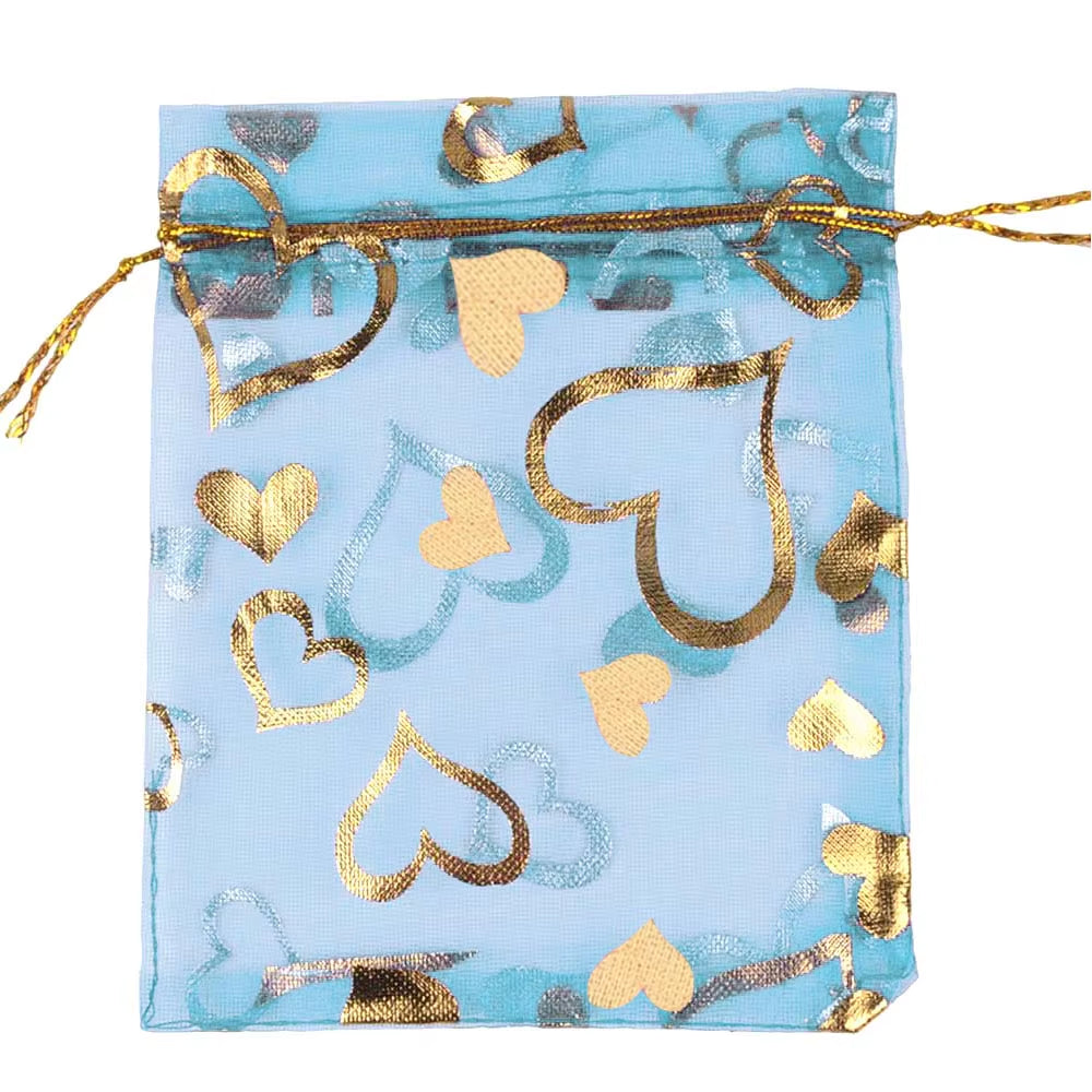 25Pcs/Lot Jewelry Bag Organza Colorful Hot Gold Color Heart Print Gifts Pouches Wedding Christmas Party Candy Jewelry Packing