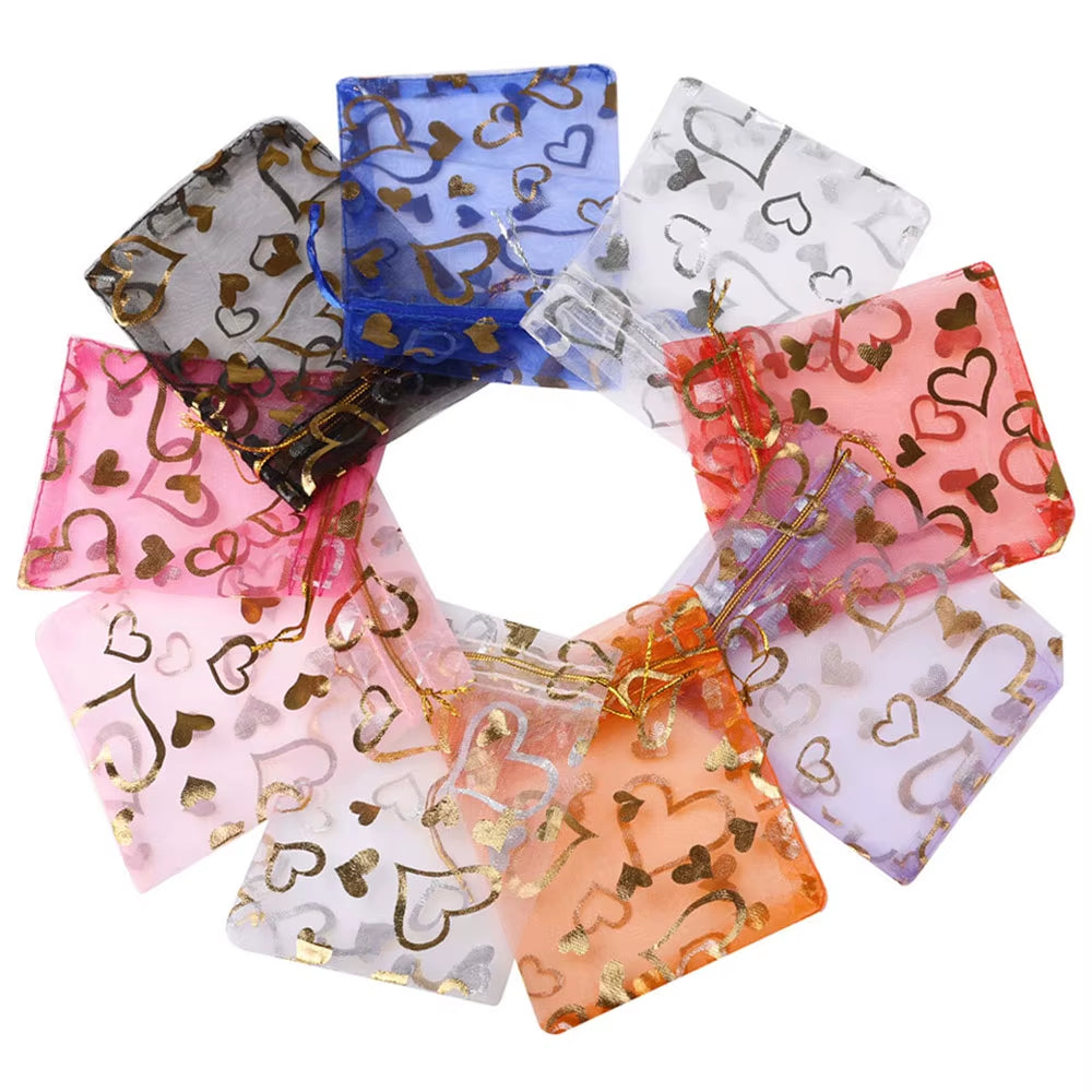25Pcs/Lot Jewelry Bag Organza Colorful Hot Gold Color Heart Print Gifts Pouches Wedding Christmas Party Candy Jewelry Packing