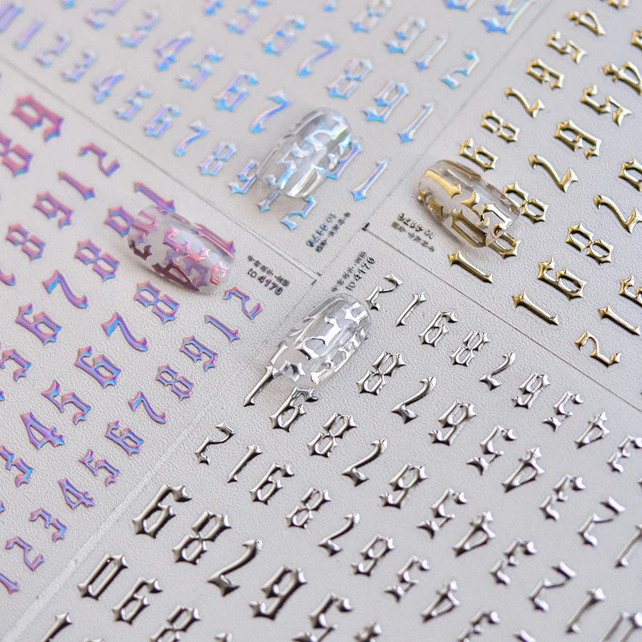 1 Piece 5D Punk Goth Rock Hot Stamping Nail Stickers High Quality Rose Gold Silver Number Letters Love Design Nail Art Stickers