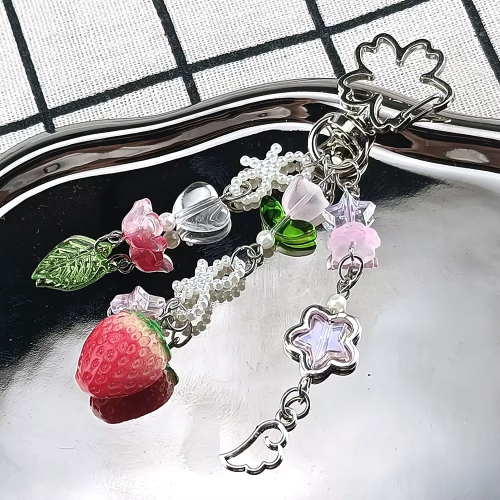 Cute Bear Strawberry Beaded Phone Chain Y2K Coquettish Fairytale Lily of the Valley Keychain Handbag Keypendant Accessories Gift