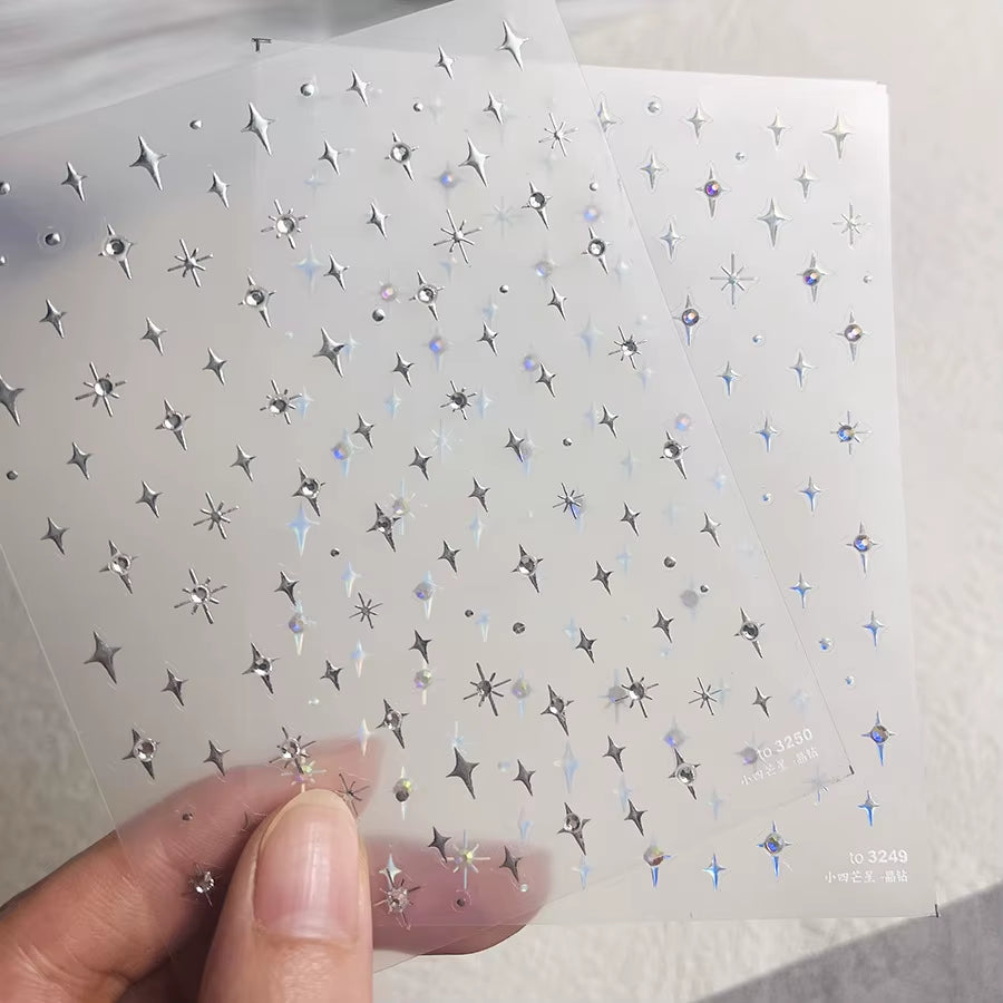 1Pcs 5D Laser Silver Inlaid Diamond Star Nail Art Sticker Four-Pointed Stars Adhesive Relief Slider Y2K Starlight Manicure Decal