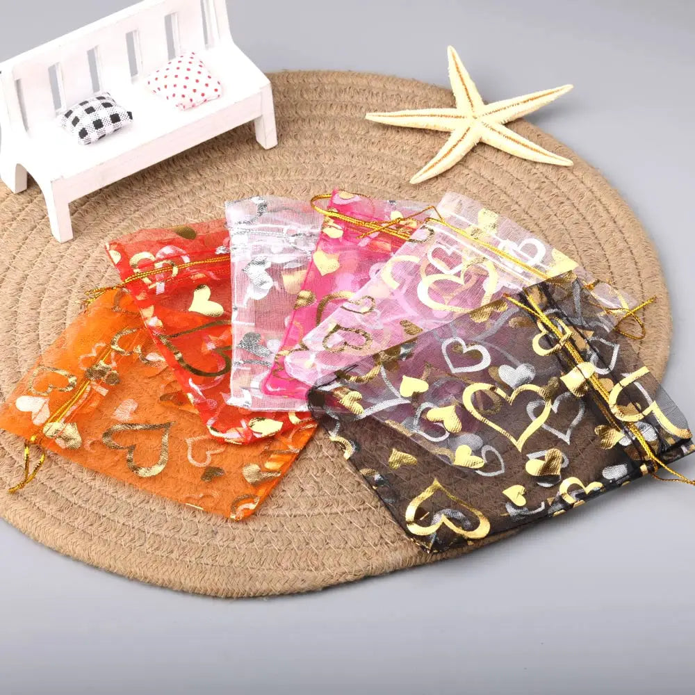 25Pcs/Lot Jewelry Bag Organza Colorful Hot Gold Color Heart Print Gifts Pouches Wedding Christmas Party Candy Jewelry Packing