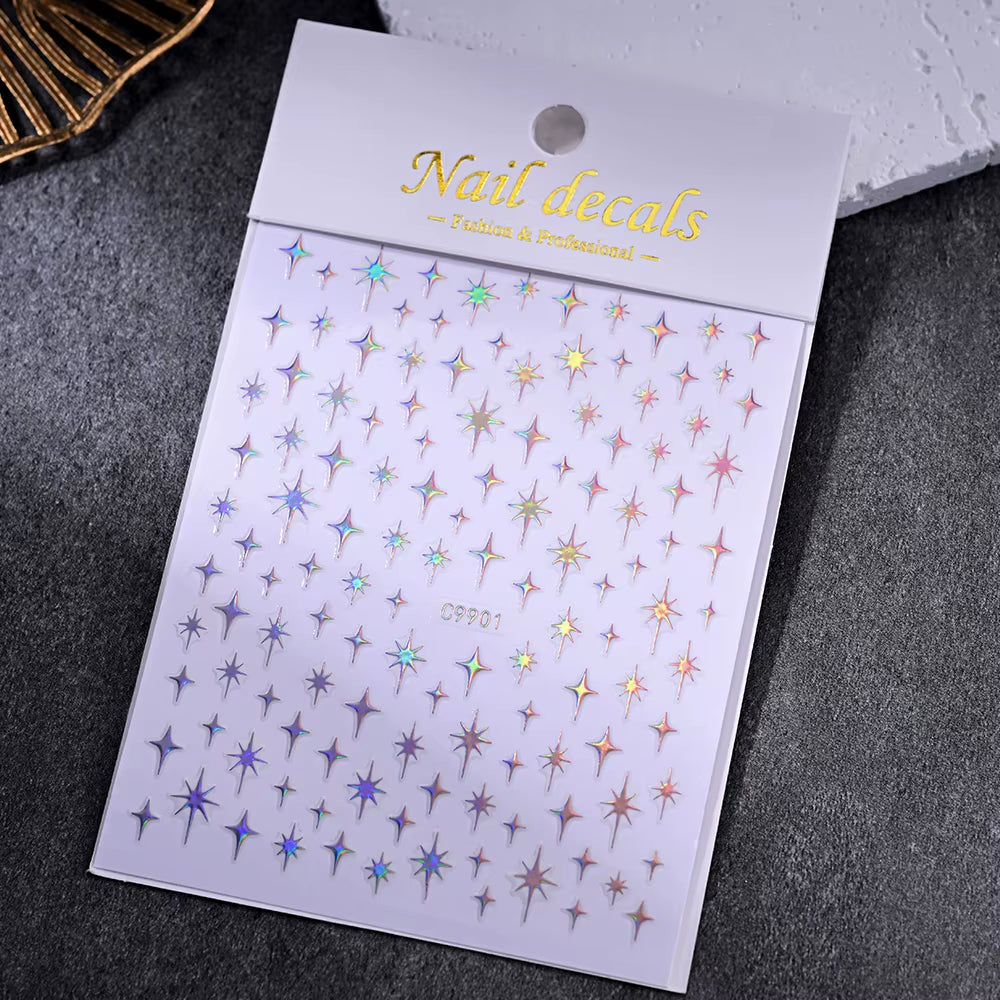 1Pcs 5D Laser Silver Inlaid Diamond Star Nail Art Sticker Four-Pointed Stars Adhesive Relief Slider Y2K Starlight Manicure Decal
