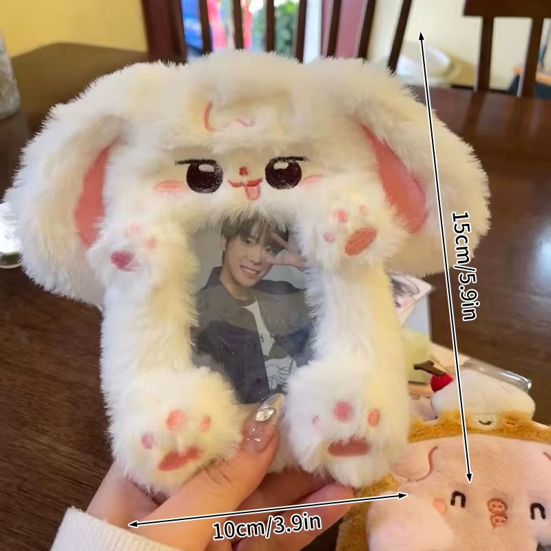 Cute Plush Kpop Photocard Holder with Keychain Cartoon Rabbit Idol Photo Sleeves ID Bank Credit Card Case Protector Bag Pendant