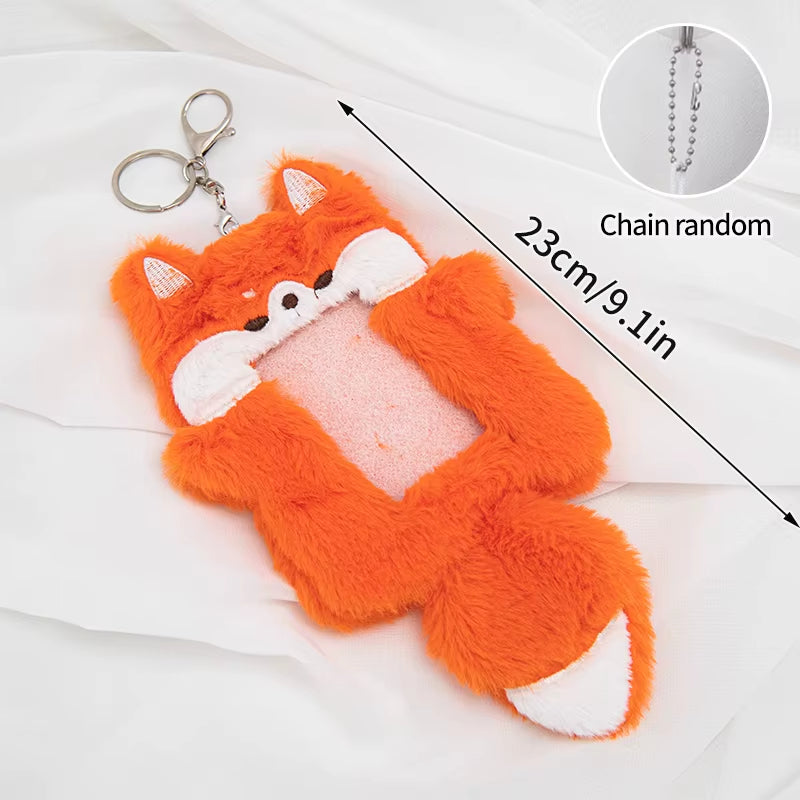 Cute Plush Kpop Photocard Holder with Keychain Cartoon Rabbit Idol Photo Sleeves ID Bank Credit Card Case Protector Bag Pendant