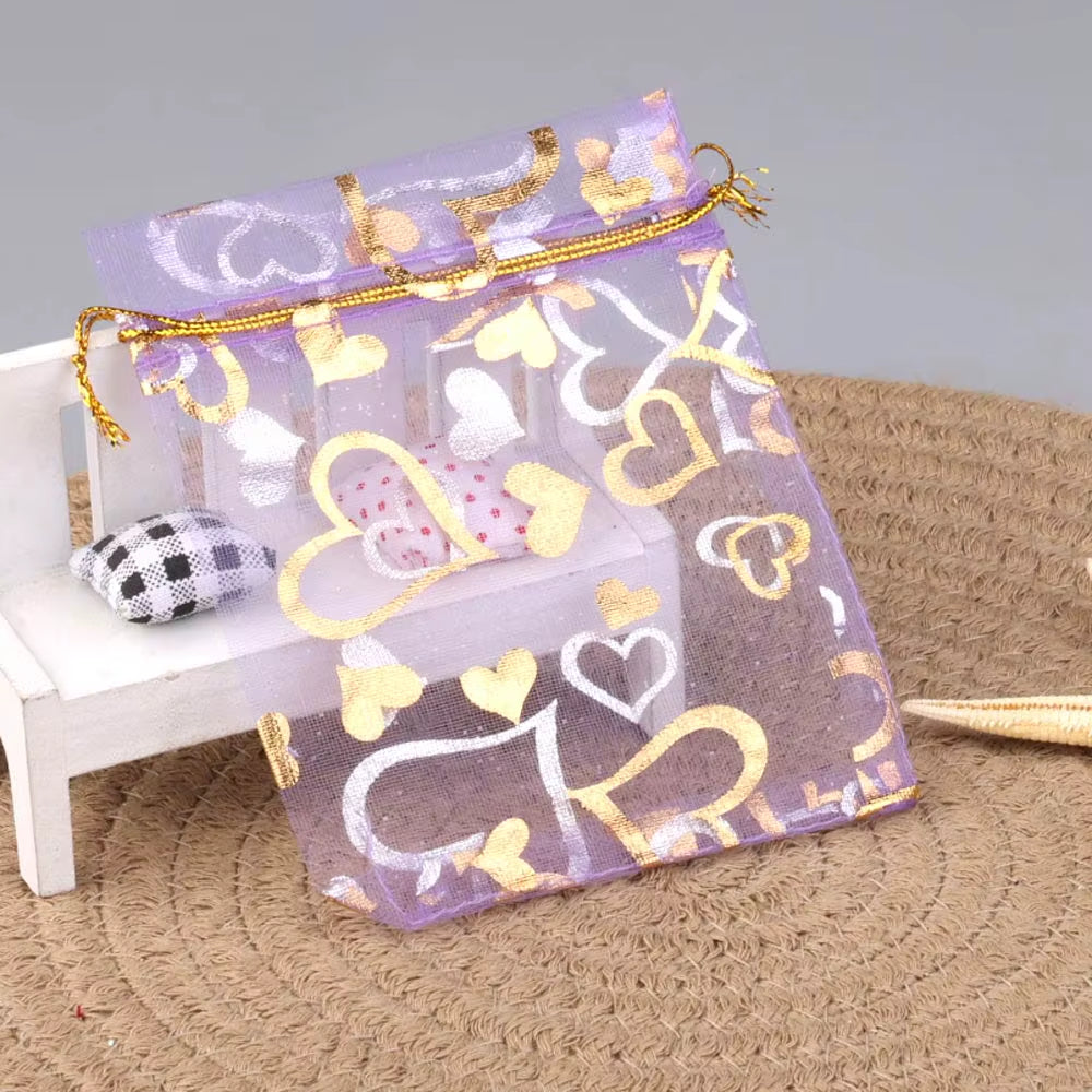 25Pcs/Lot Jewelry Bag Organza Colorful Hot Gold Color Heart Print Gifts Pouches Wedding Christmas Party Candy Jewelry Packing